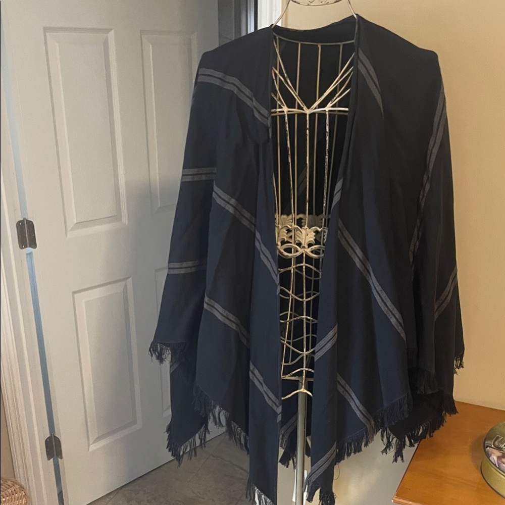 Eileen Fisher Navy Fringed Poncho